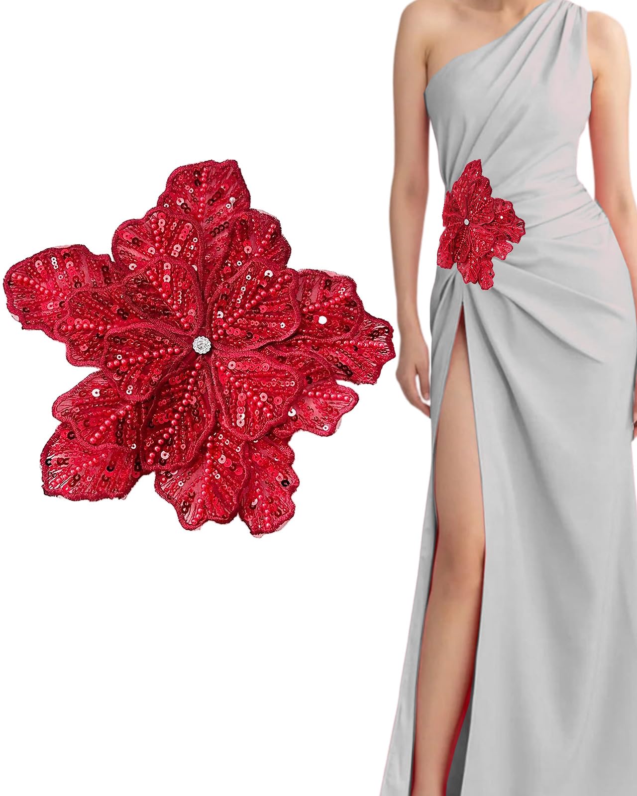 Photo 1 of 1pc Handmade Large Flower Rhinestone Applique for Clothes, Sparkly Sequin Beaded Patches for Wedding Dress, Embroidery Lace Sewing Patches for Bodice Hat Jean Jacket (Red)