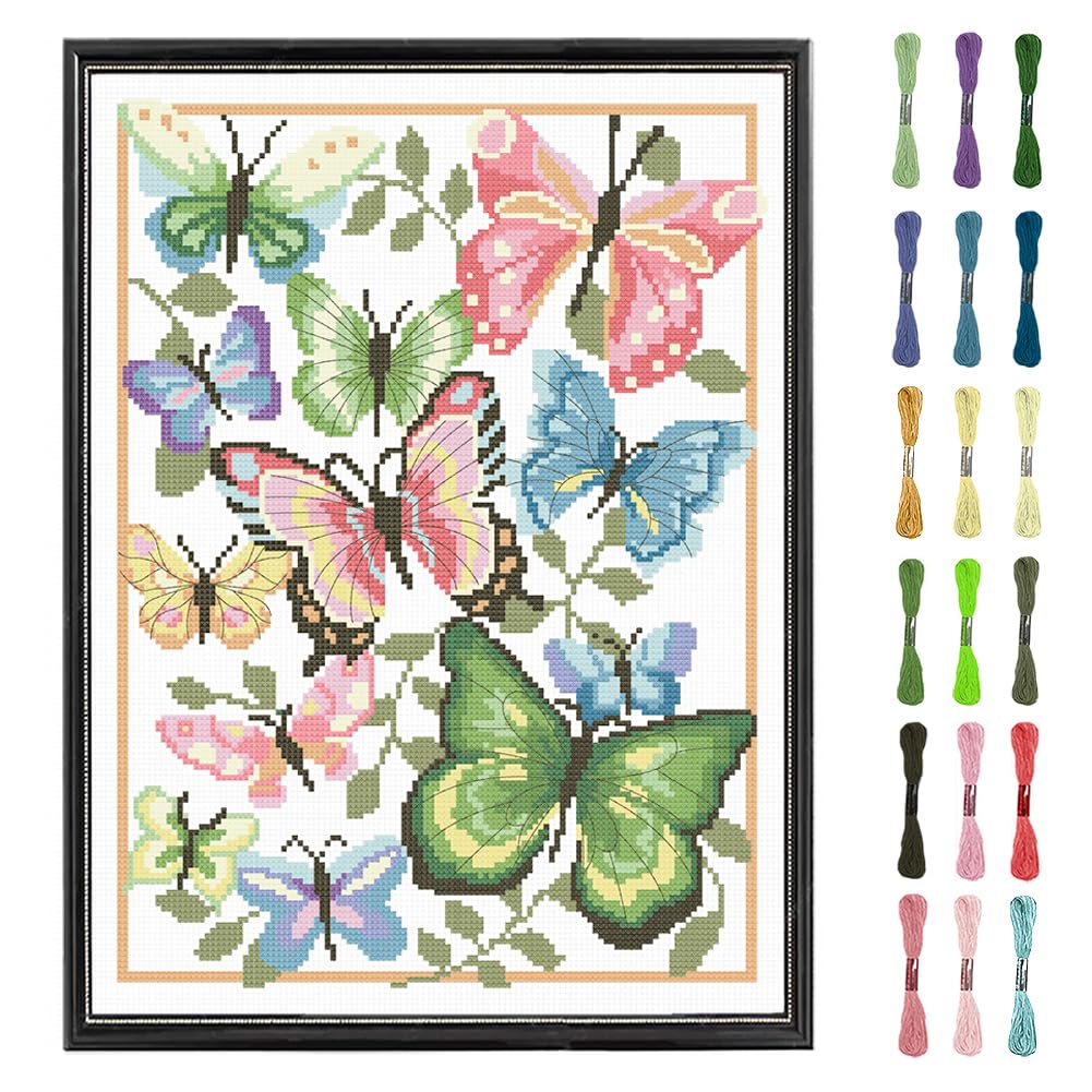 FREEBLOSS Butterfly Cross Stitch Kits Butterfly Cross Stitch Wall Hanging Stamped Cross Stitch Kits for Beginners Counted Cross Stitch Kits Embroidery Kits Arts Craft Kits for Gift Home Decor