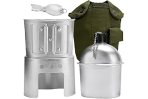 BeGrit Military Canteen Army Canteen WWII US G.I. Style Canteen Kit with Aluminum Cup Stove Stainless Steel Spoon Fork for Hiking Backpacking Camping