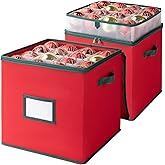 OIAHOMY 2 Pack Ornament Storage Box with Handle, Each Ornament Storage Holds 64 Balls, Christmas Decoration Box Include Plastic Trays and Zip-Lock Lid, Made of 600D Oxford Fabric - Red