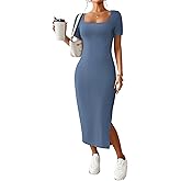 CFLONGE Casual Dresses for Women 2026 Summer Ribbed Short Sleeve Bodycon Maxi Dress Side Slit Knit Square Neck Long Sundress