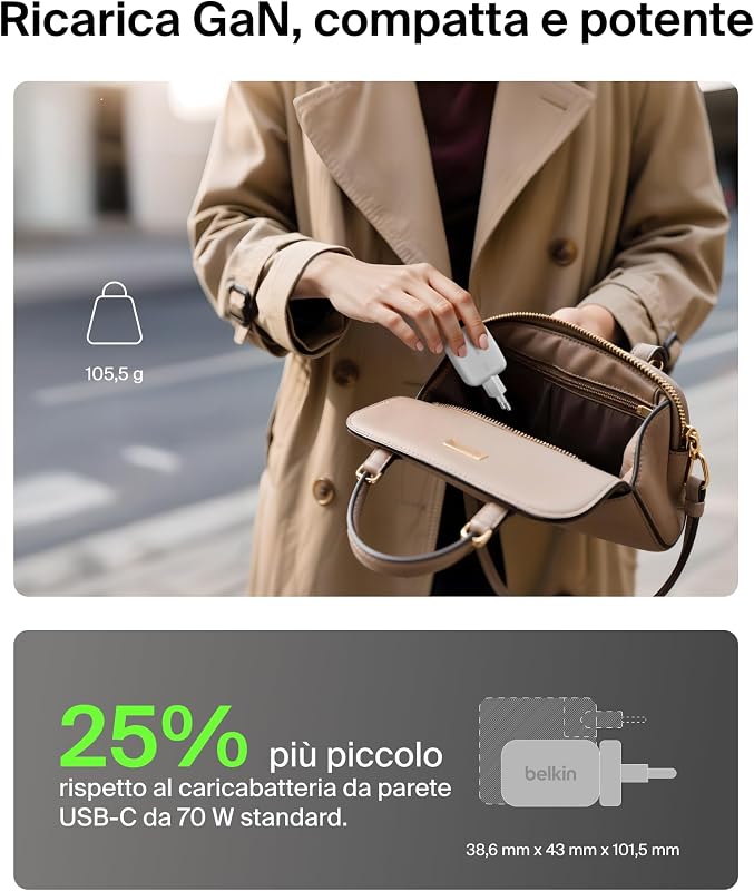 BoostCharge Pro Caricatore GaN USBC 70W, 3 Porte, Adattatori Viaggio