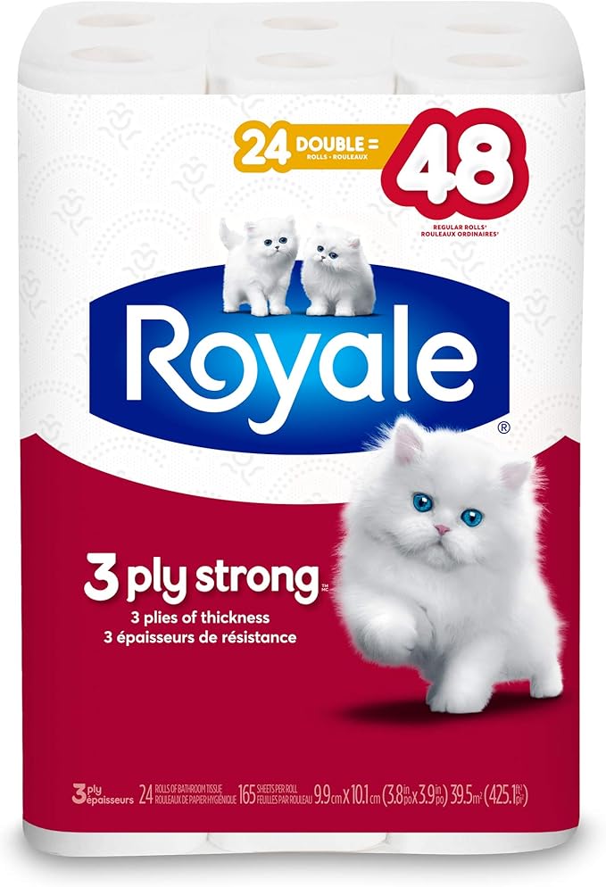 Royale 3Ply Strong Bathroom Tissue, 24 Double Rolls Equal 48 Regular