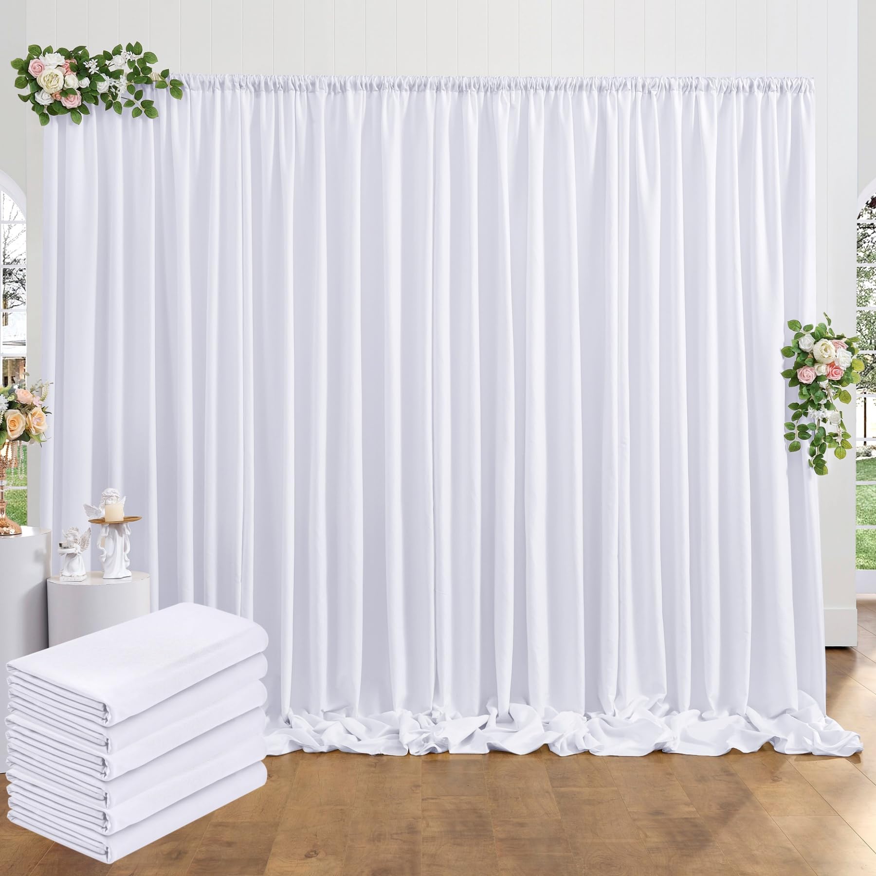 Photo 1 of 30 ft x 10 ft Thick White Backdrop Curtain for Wedding Parties, 6 Panels White Polyester Wedding Backdrop Drapes for Party Birthday Backdrop Photography Home Decorations
