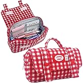 Haumei Cute Checkered Pencil Case, Red White Plaid, Large Capacity Gingham Pattern Pen Bag with Handle, Big Stationery Organizer, Multi-Use Storage Pouch, 8.7x1.6x4.7 Inches, Red
