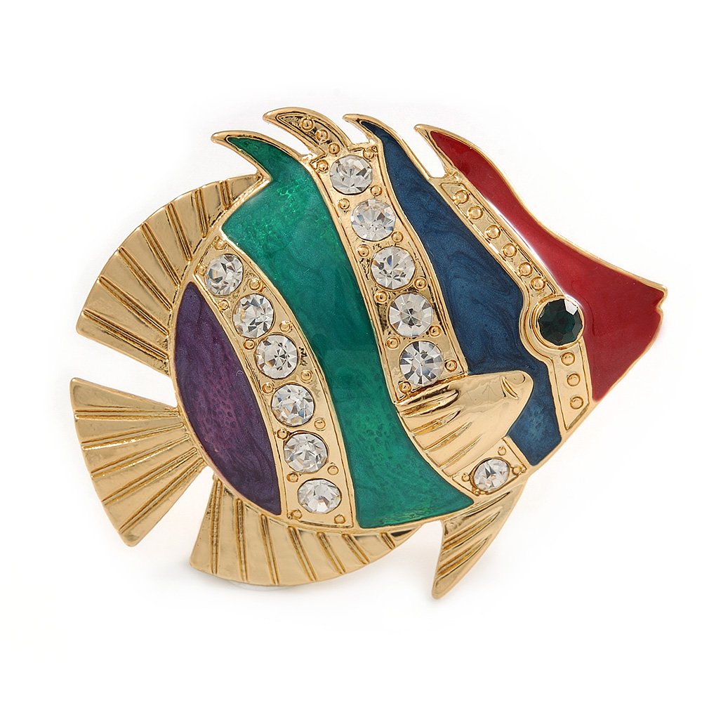 Funky Multicoloured Enamel Crystal Fish Brooch In Gold Tone Metal - 50mm L