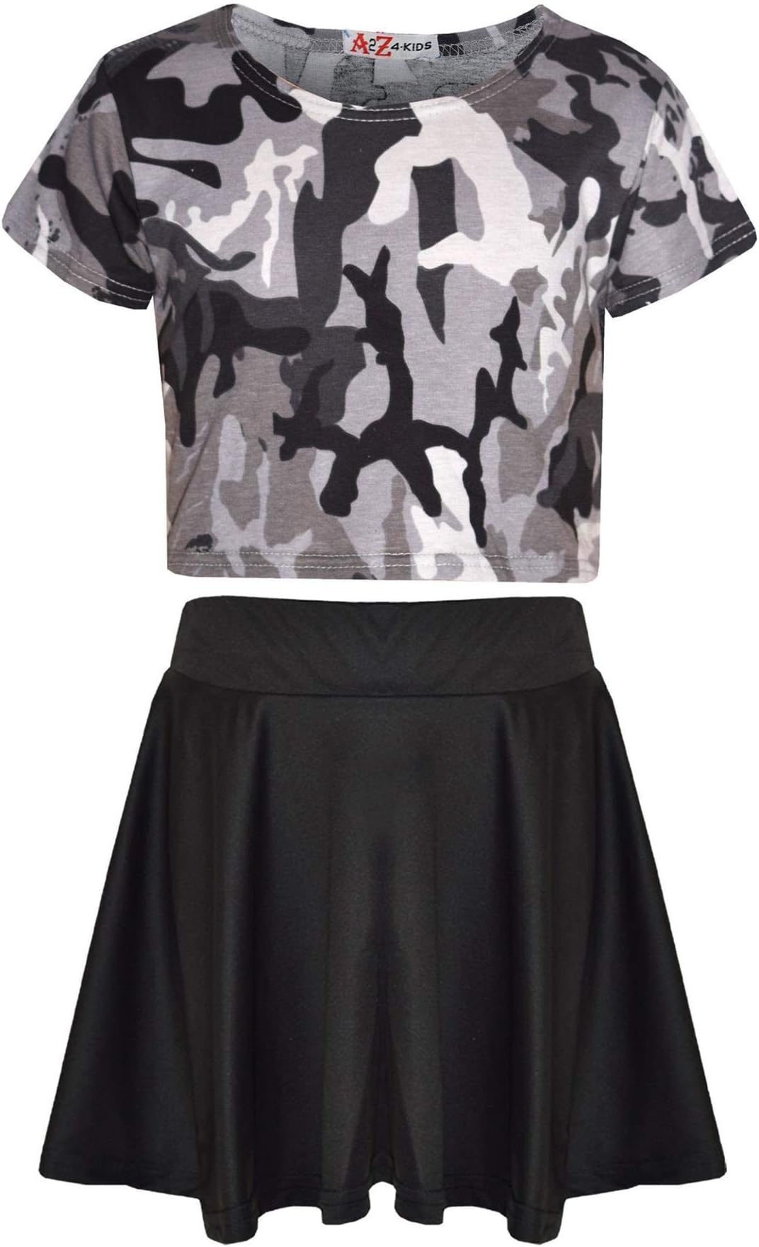 Girls Crop Tops Kids Camouflage Print Trendy T Shirt Crop Tops & Fashion Skater Skirt Set New Age 5 6 7 8 9 10 11 12 13 Years