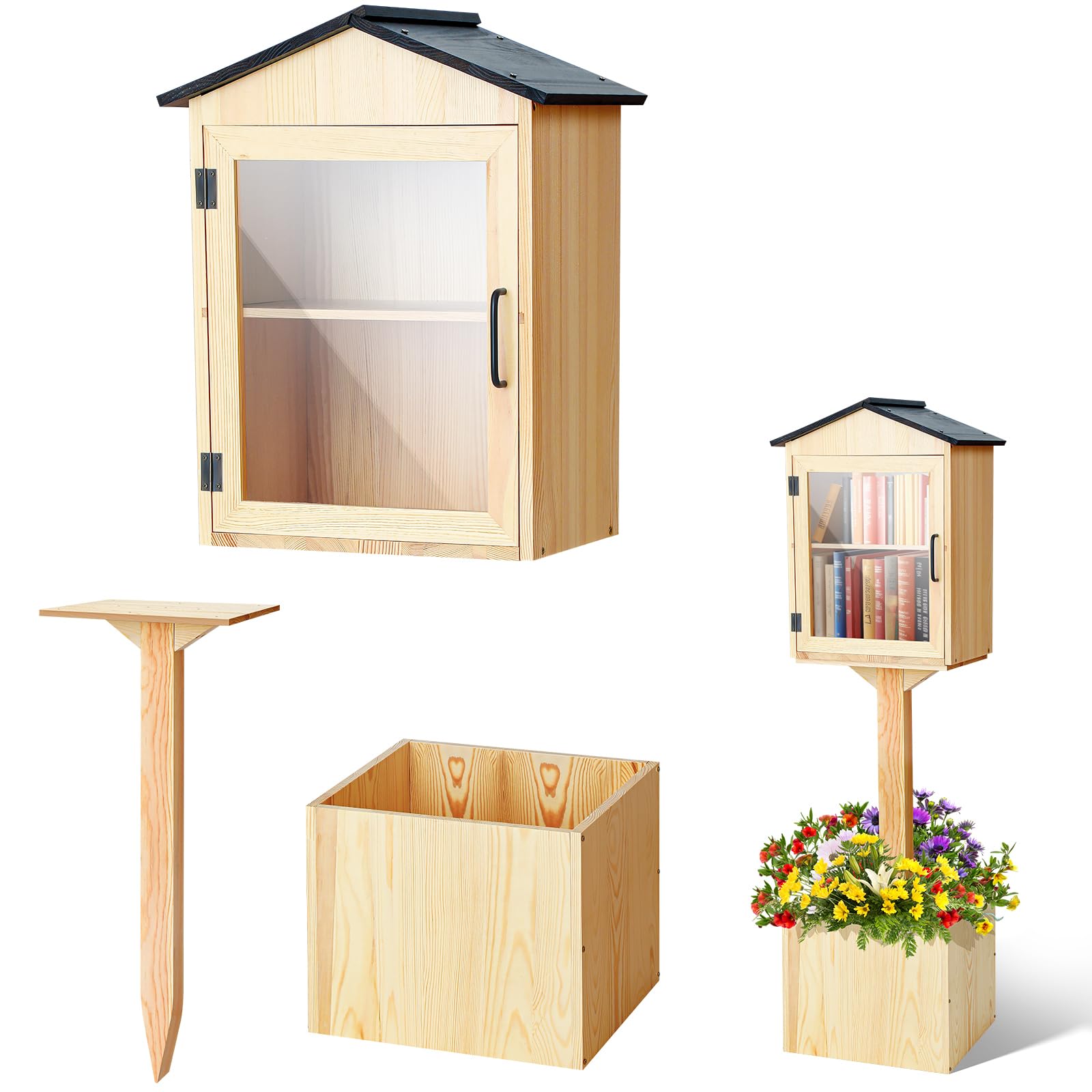 Photo 1 of Wonderjune Wooden Little Library Box Outdoor Free Library, Double Little Library Outdoor Box Storage with Floor Plugs and Small Flower Fence for DIY Neighborhoods, Community, Literature, Newspapers