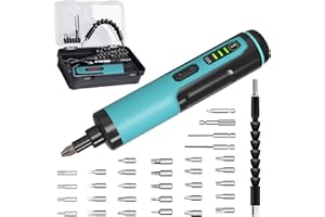 Electric Screwdriver Kiprim 4V Rechargeable Adjustable Torque Cordless Screwdriver Gun with 33 Magnetic Bits Set (2 Drill Bits included),Dual Flashlights,Carrying Box,Type C Cable