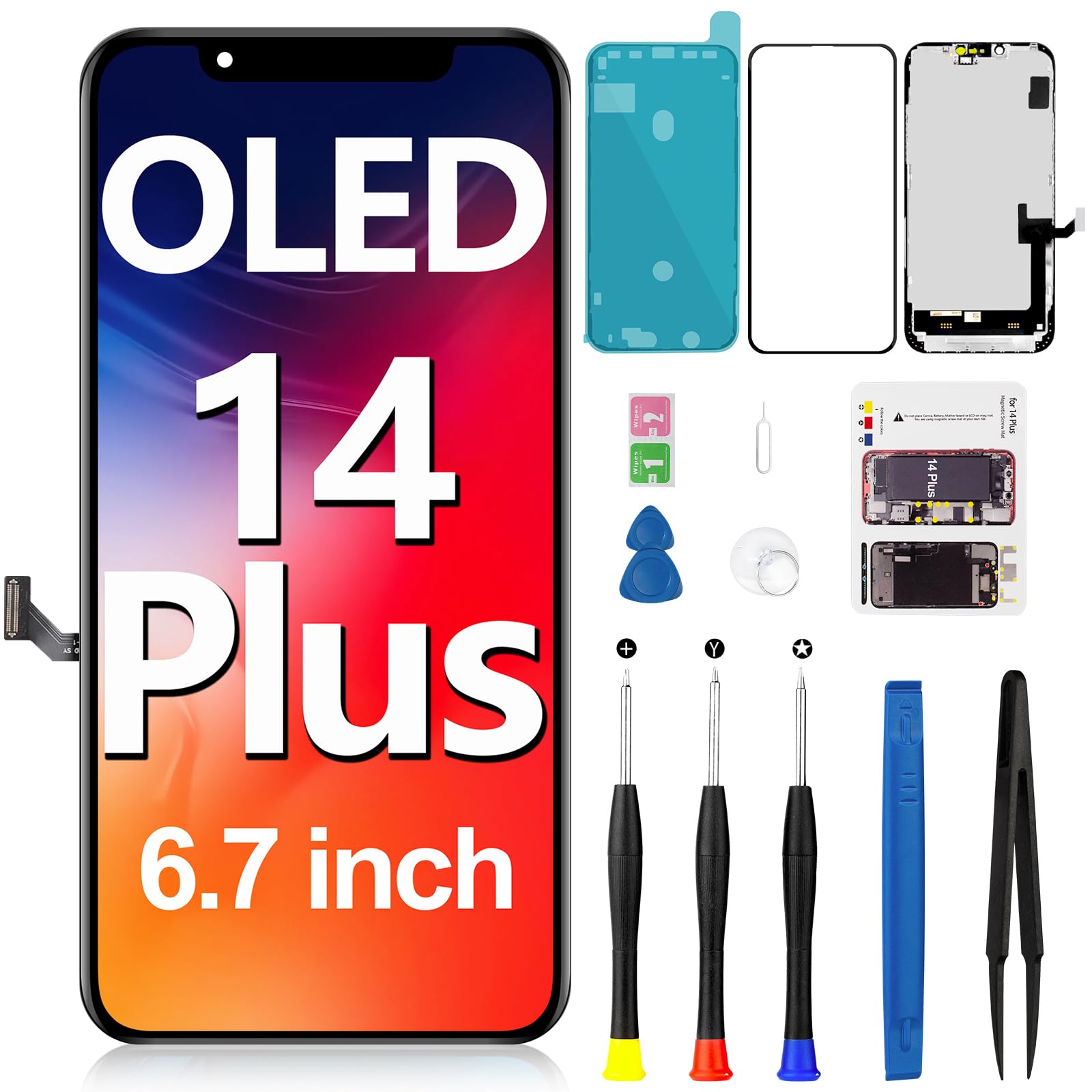 Photo 1 of OLED for iPhone 14 Plus Screen Replacement 3D Touch LCD Display Full HD Digitizer Assembly with Repair Tools Compatible with Model A2886 A2632 A2885 A2888 A2887 6.7 inch