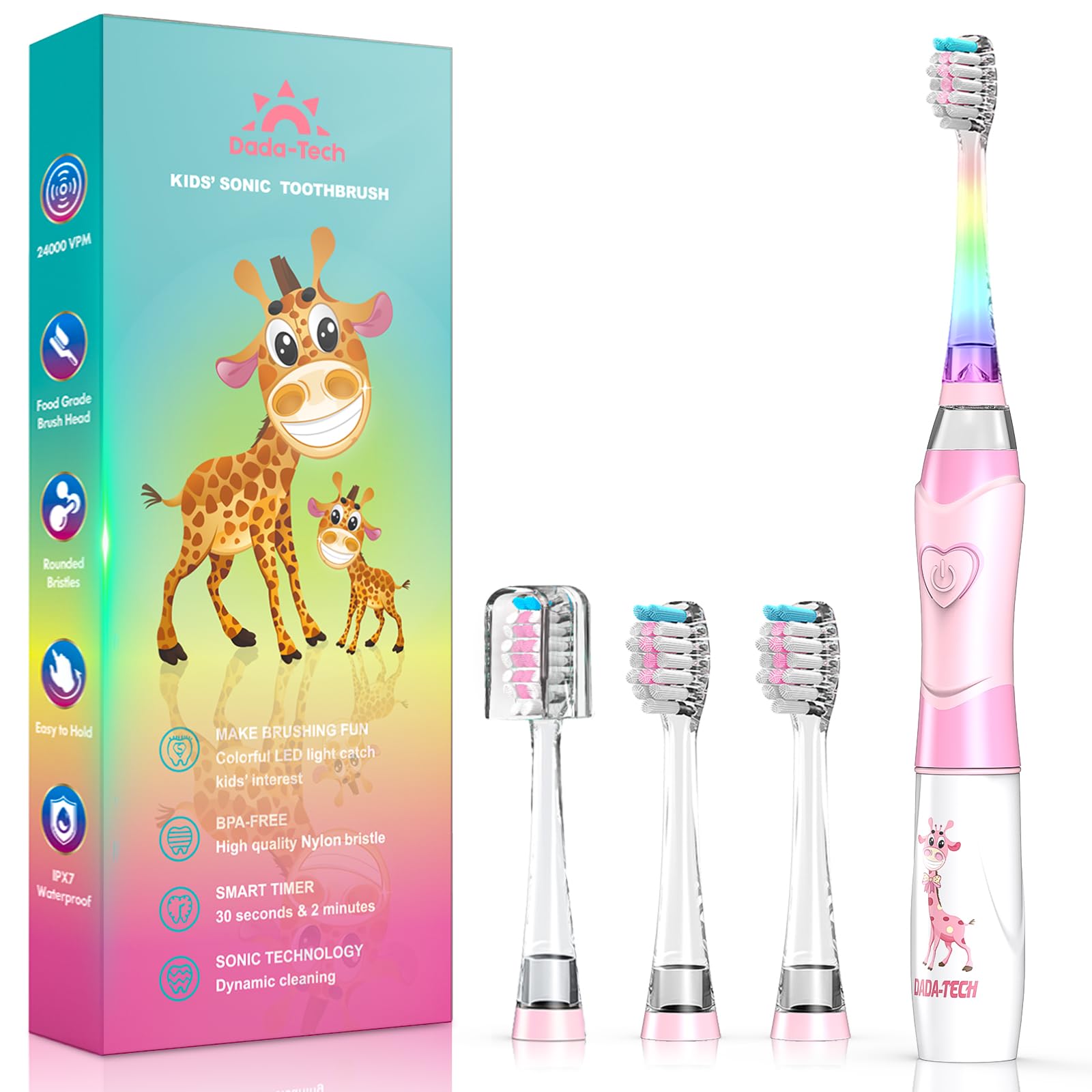 Kids Electric Toothbrush 3-5-6-12, Toddler Toothbrush Girls Electric Toothbrush with Timer Rainbow LED Light Up Sonic Battery Powered Junior Childrens Tooth Brush (Pink Giraffe)
