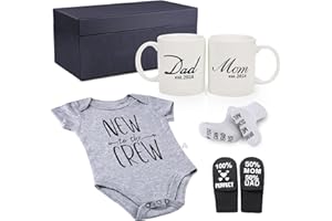 Pregnancy Gifts for First Time Moms – Mom and Dad Est 2024 11 oz Mug Set with Romper (0-3 Months) and Baby Socks ​- Top New P