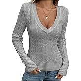 RoseSeek Women's Cable Knit Sweater V Neck Fitted Pullover Sweaters Elegant Fall Jumper