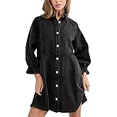 Himythe Women's Lantern Long Sleeve Denim Dress Button Down Shirt Jean Dress Collared Casual Tunic Top