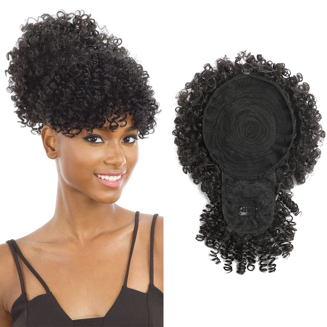 Photo 1 of Fayasu Afro Puff Drawstring Ponytail with Kinky Curly Hair Clip in Bangs Short Ponytail Hair Extensions Updo Hairpieces for Black Women (2#)