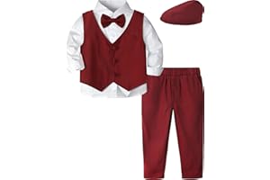 A&J DESIGN Toddler 4-Piece Formal Suits Baby Boy Gentleman Outfit with Dress Shirt, Bow Tie, Vest, Pants and Flat Hat
