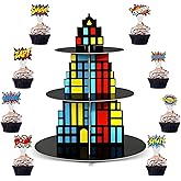 3 Tier Super Themed Hero Cupcake Stand with 24 Cake Toppers City Skyscraper Birthday Party Decoration Dessert Cardboard Stand Super Themed Hero Cupcake Holder Tower for Boys Baby Shower Supplies