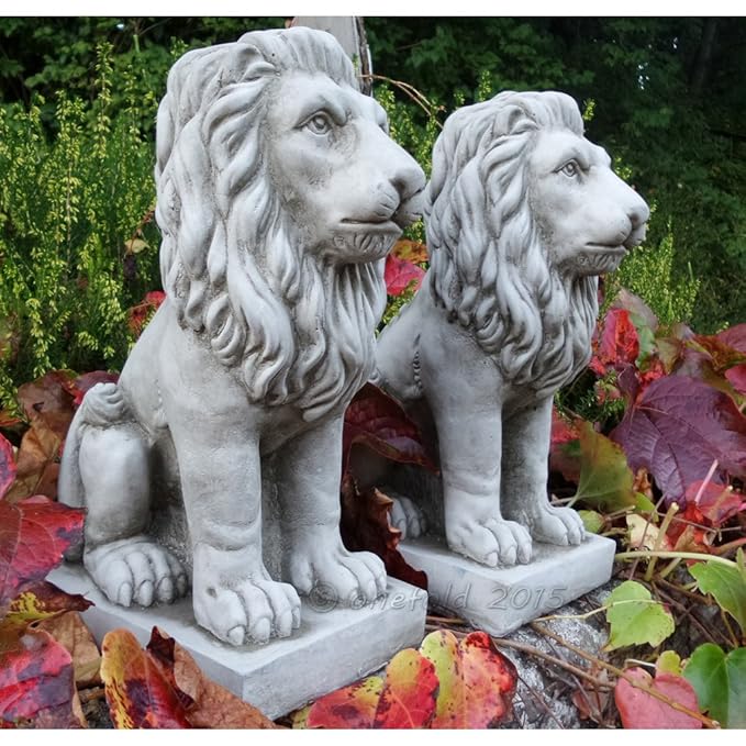 ONEFOLD PROUD LION / LIONS PAIR CAST STONE GARDEN ORNAMENT / STATUE