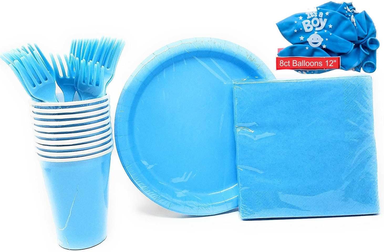 Blue Disposable Dinnerware Set. Serves 20. Paper Plates, Cups, Napkins, Forks, Balloons - Baby shower, Birthday Party Pack, Boys