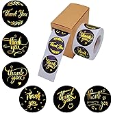 Thank You Stickers Small Business, 1.5 inch Thank You Stickers Labels for Packaging, 500 Black Labels with 6 Gold Foil Designs in Dispenser Box, Waterproof Packing for Small Business,Envelope Seal