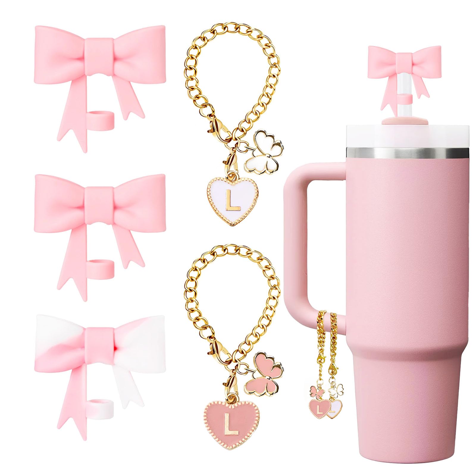 Photo 1 of LUHOHI Pink Bow for Stanley Straw Topper- 3pcs Cute Cup Bow Straw Cover Silicone Cap 10mm with 2pcs Initial Letter Charms Name Id Personalized Accessories 40/30 Oz Tumbler Water Bottle Cups L