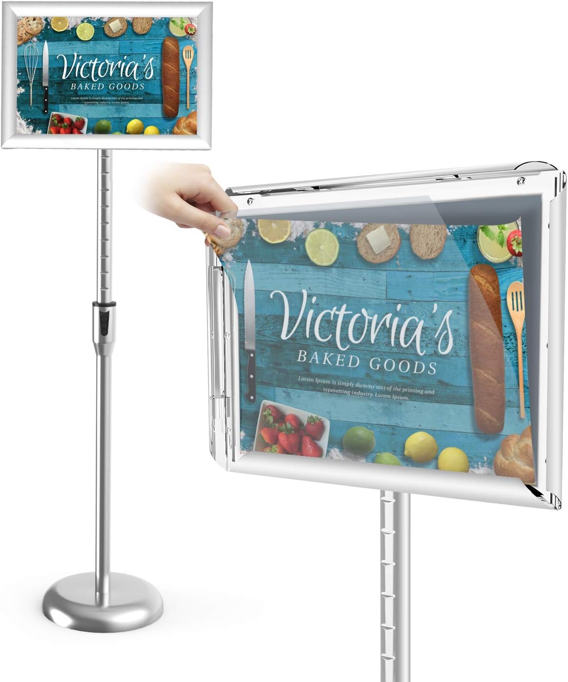 Sign Holder Stand,Firstand Adjustable Pedestal Poster Stand(11X17) with Telescoping Post,Aluminum Snap Open Frame for Pedestal Sign Stand with Vertical and Horizontal View Sign Displayed(Sliver)