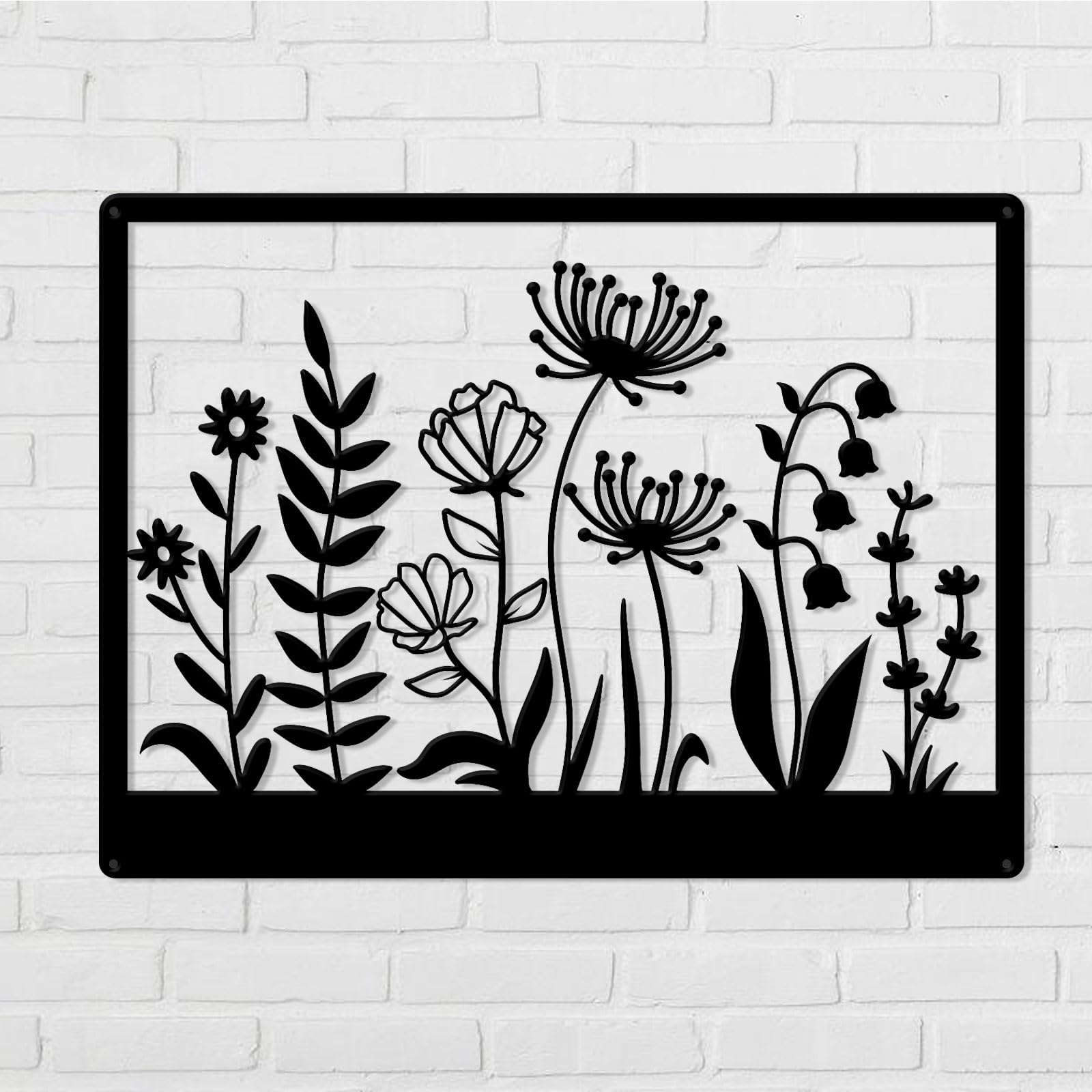 ORIGACH Black Metal Wildflowers and Plants Wall Art, Rustic Summer Wildflower Wall Decoration, Metal Wildflower Silhouette Wall Hanging Decor for Kitchen Bedroom Living Room Porch