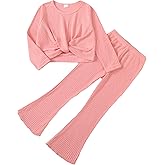 Valseclub Girls 2 Piece Clothes Twist Front Top and Bell Bottom Pants Set Kids Thin Sweater Fall Outfits Set 5-14 Years