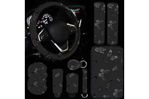 JINGSEN 10 Pieces Abstract Painting Art Printing Car Steering Wheel Cover Center Console Armrest Pad Headrest Seat Belt Cover Handbrake Cover Keychain Coaster Full Set Car SUV (Black Butterfly)