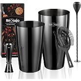 Nexsujo Professional Cocktail Shaker Set, Black 4‑Piece Bartender Kit | Stainless Steel Boston Shaker, Jigger, Bar Spoon &amp; Hawthorne Strainer; Dishwasher‑Safe Bar Tools