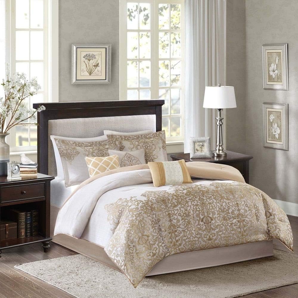 7 Piece Glam Woven Jacquard Gold Comforter Set Queen with