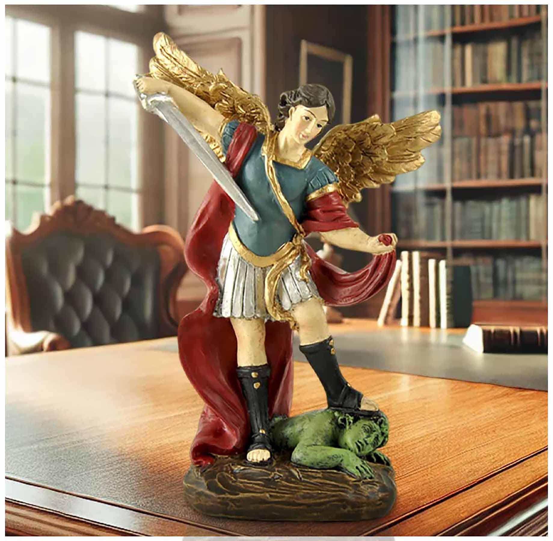 PlentifulHome 5.32'' Tall St Michael Statue, Archangel Michael Sculpture, San Miguel Arcangel Figurine, Religious Collectible Angel Artwork (Colourful)