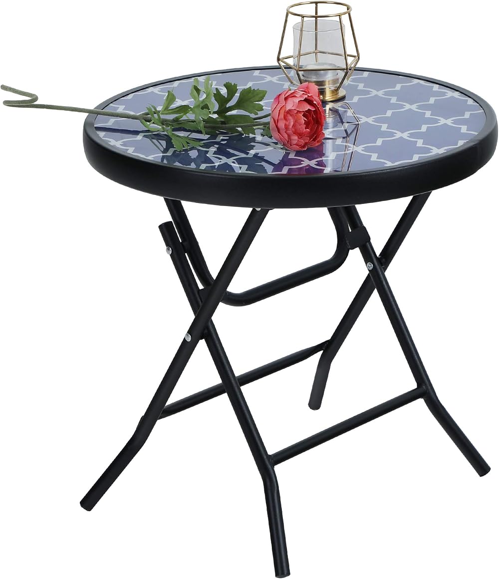 PHI VILLA Folding Side Table - Blue Small Round Patio Coffee Table