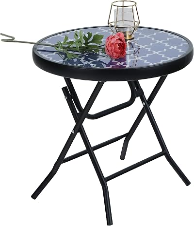 PHI VILLA Folding Side Table - Blue Small Round Patio Coffee Table