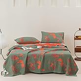 Purefair 100% Cotton Muslin Blanket Jacquard Green Orange Floral Ginkgo Leaves Quilt, Soft Bed Cover Lightweight Breathable Gauzy Reversible Bedspread Coverlet Twin(59"x94"), No Pillow Sham