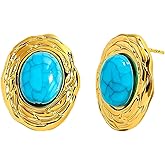 Chunky Gold Oval Turquoise Stud Earrings for Women, Titanium Steel Gold Plated Natural Turquoise Statement Earrings for Party Vintage Jewelry Gifts
