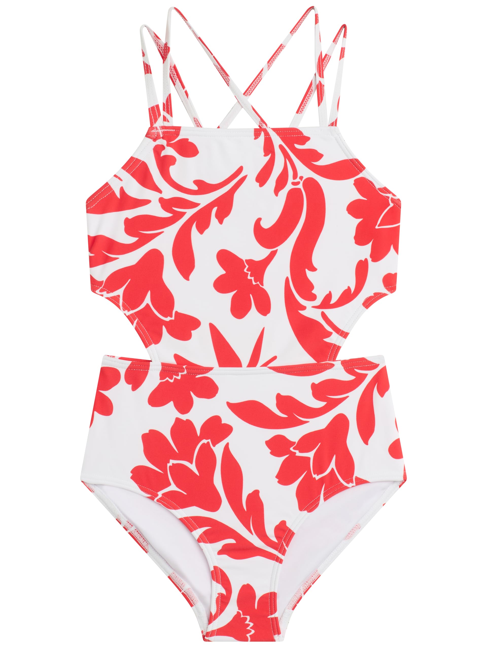 Photo 1 of Kanu Surf Girls' Beach Sport Cut-Out One Piece Swimsuit, Laurel White/Red