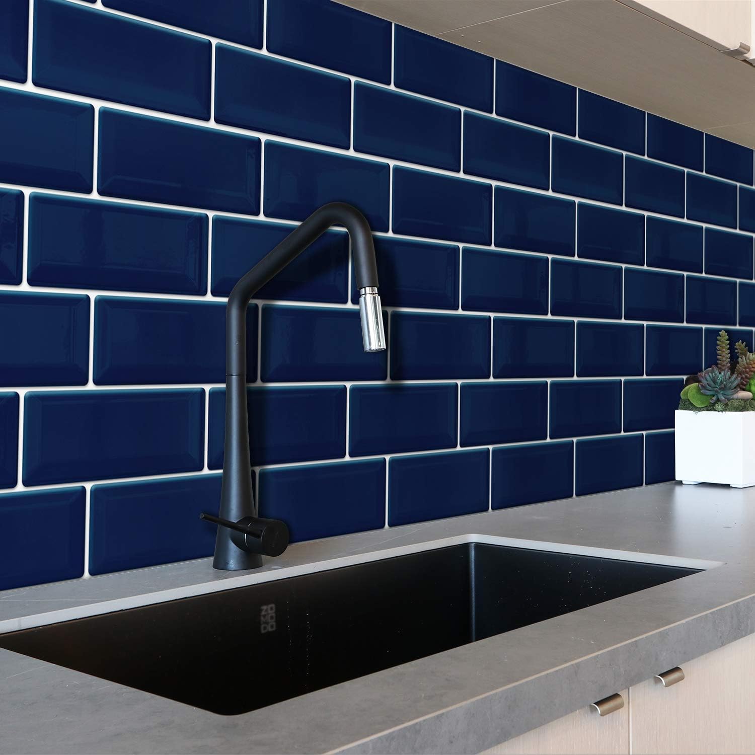 WALPLUS 3D Tile Stickers Peel and Stick Backsplash Splashback Decals Tile Transfer for Kitchen Bathroom Living Room Stick on Tile Waterproof Deep Blue 6 Sheets 30.5cm(12") - Image 4