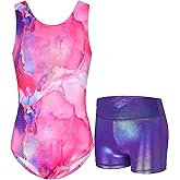 Nokecina Gymnastics Leotards for Girls Sparkly Tumbling Bodysuits with Shorts Athletic Activewear Sleeveless Dance Outfit