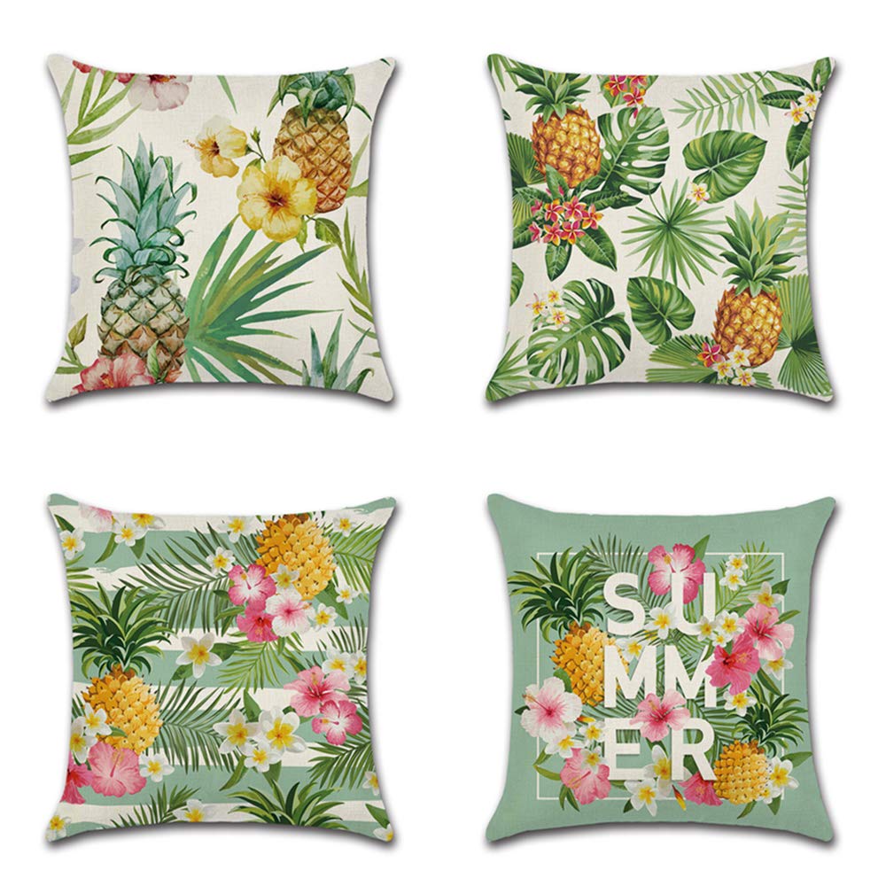BAOKU Pineapples Decorative Throw Pillow Cover Case 45cm x 45cm Set of 4 Cotton Linen Outdoor Pillow Cases Square Cushion Covers for Sofa Couch Bed 18x18 inch Green Yellow