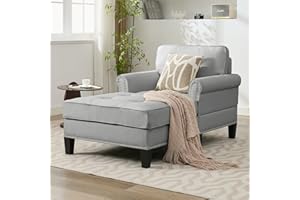 Mjkone Chaise Lounge Sofa Couch,Linen Chaise Sofa Bed Bench with Tufted Back, Mid-Century Sleeper Sofa Chair Bed for Small Place/Apartment/Living Room/Office/Studio (Light Gray)