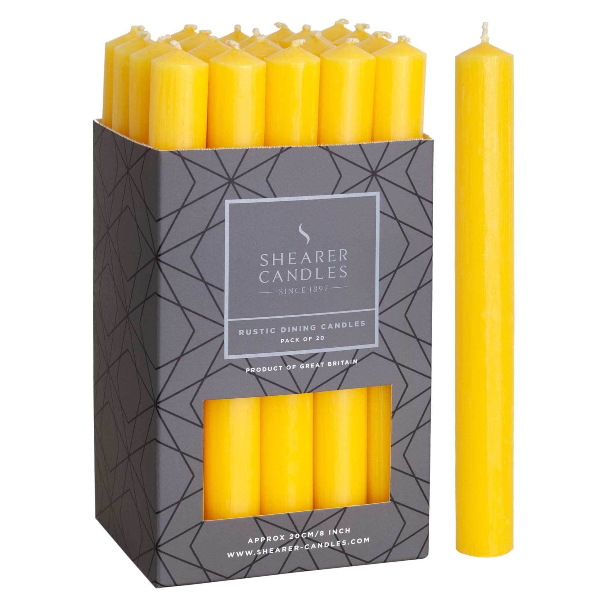 Shearer Candles Yellow - Dinner Candles - 8 inch - Unscented Dinner Candles - 8 Hour Burn Time - 20 Pack