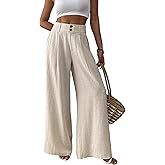heipeiwa Women's Linen Pants Summer Wide Leg Palazzo Pants Business Casual Loose Dress Vacation Beach Trouser