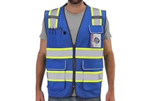Neopelta Reflective Safety Vest Blue Mesh, High Visibility Vest with Pockets and Zipper, Padded Neck, Blue with Yellow Trim L