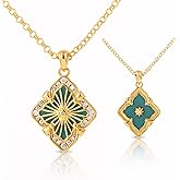 Vintage Jewelry for Women, Double-Sided Gold Clover Necklace 18K Plated with Gemstone, Mother of Pearl Inlaid, Vintage Necklace Set