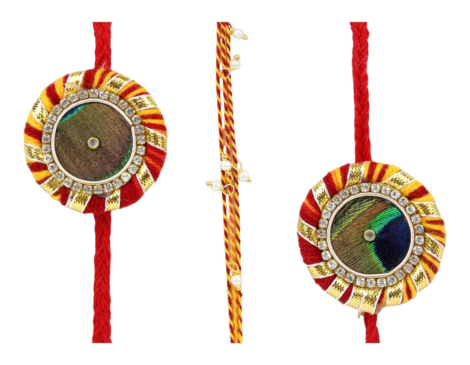 Emartbuy Pack of 3 Peacock & Moti Moli Rakhi Raksha Bandhan Gift Set for Brother Bhaiya with 1 Card and Envelope, All Supplied in a Handmade Box