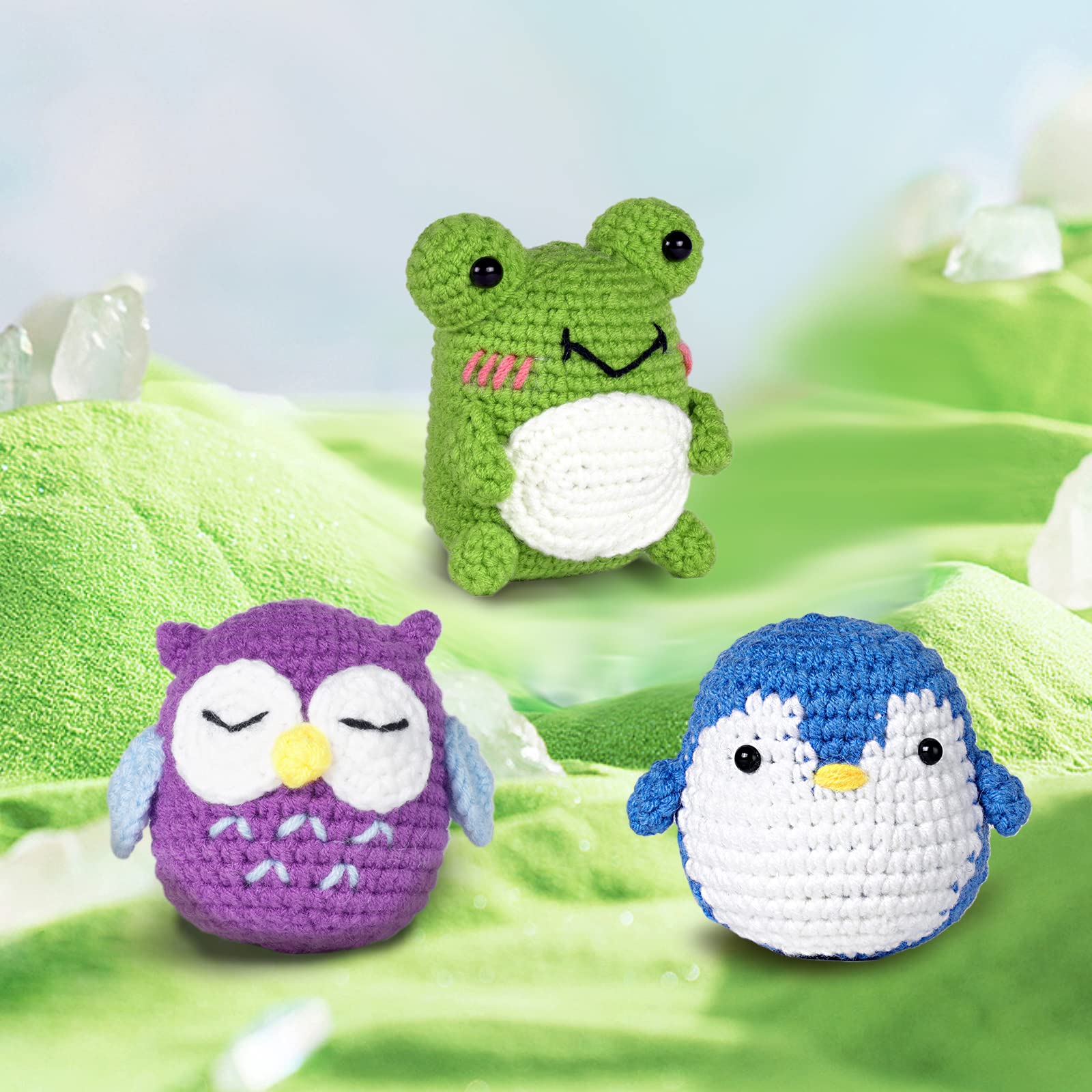 PIPAPI Crochet Kit for Beginners, 3 Pattern Animals-Owl, Penguin, Frog, Knitting Kit for Adult Kids with Step-by-Step Video Tutorials and Yarns, Hook, Accessories