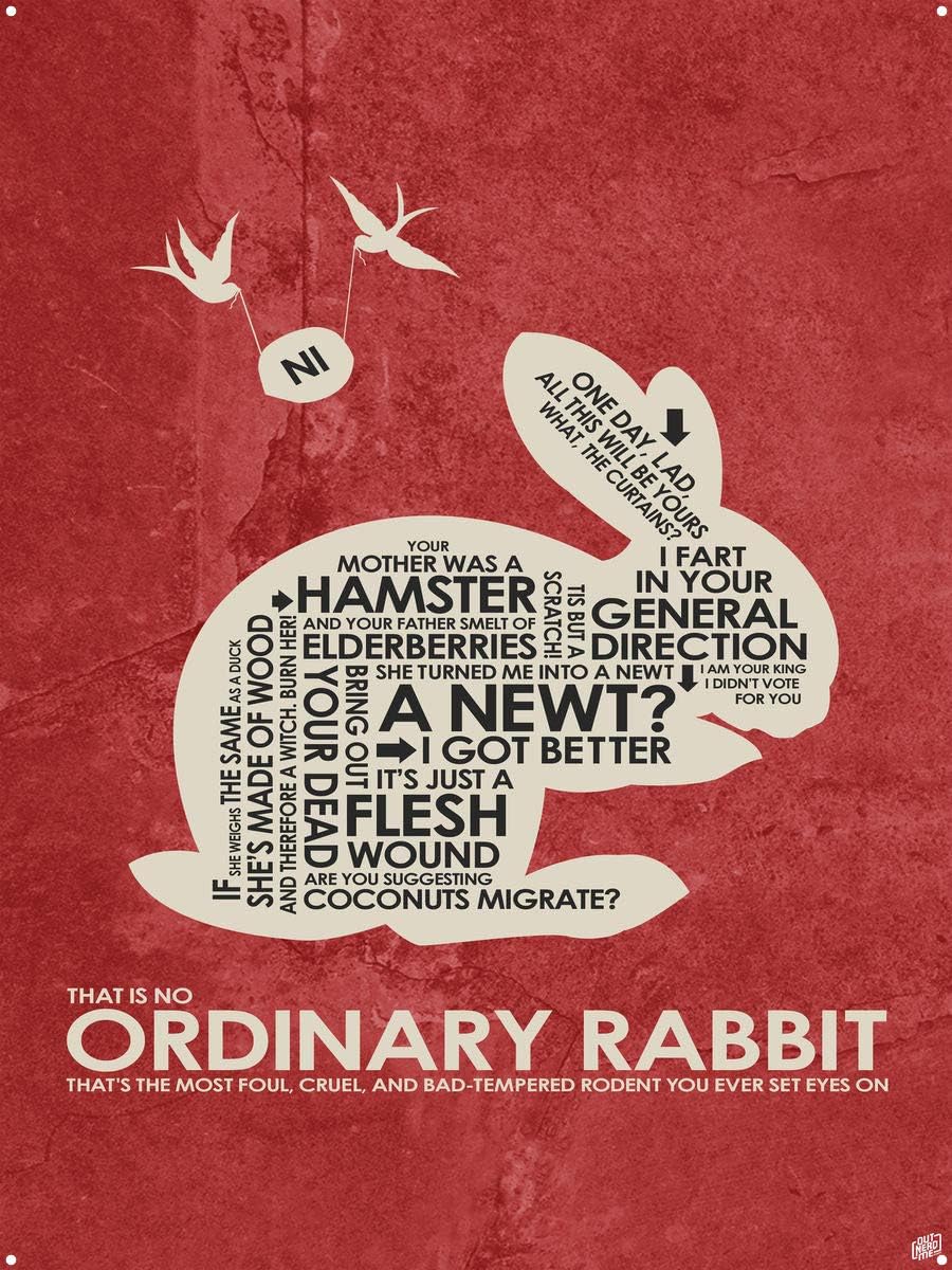 Monty Python, Holy Grail, That is No Ordinary Rabbit Metal Art Print from Typography Drawing by Pop Artist Stephen Poon 18" x 24"