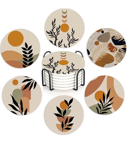 Amazon.com: Drink Coasters Set of 6 with Holder, Abstract Boho Sun