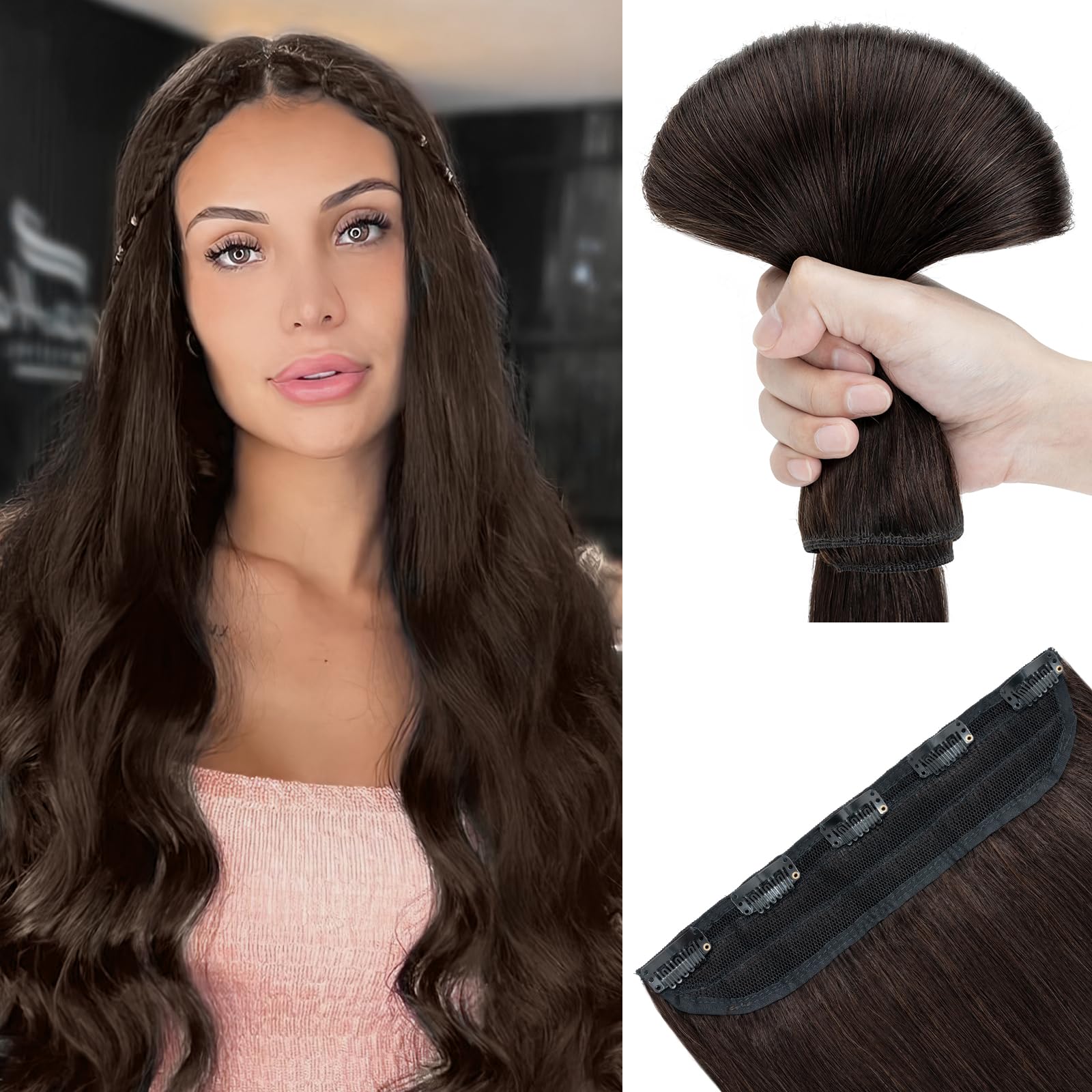SEGOHAIR Hair Extensions Clip in Human Hair Extensions, 24" One Piece 5 Clips Thick Clip in Hair Extension - 3/4 Full Head -Darkest Brown — image 1